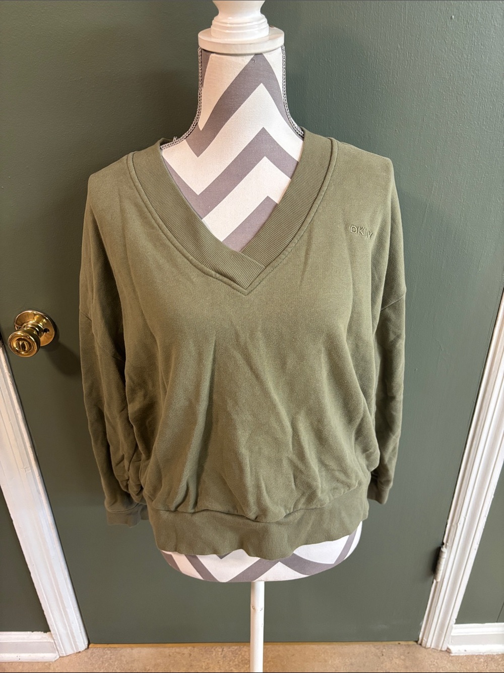DKNY Olive Green V-Neck Sweater